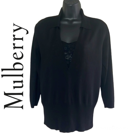Mulberry Black V- Neck Mesh Details Knit Sweater Size XL - Picture 1 of 12
